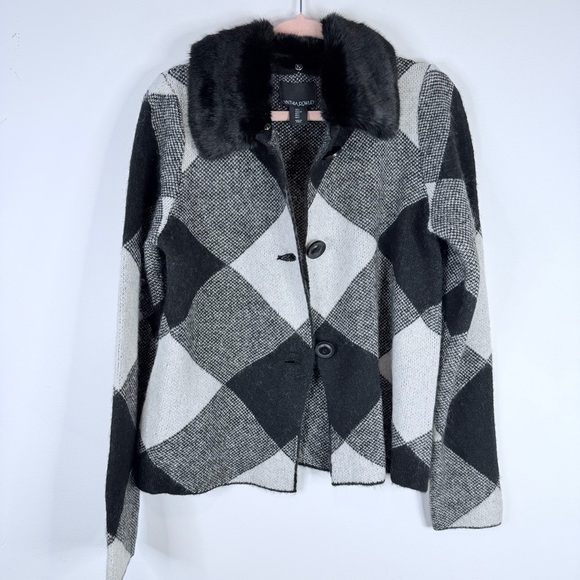 Cynthia Rowley Harlequin Faux Fur Collar Cardigan Size Large - Picture 6 of 8